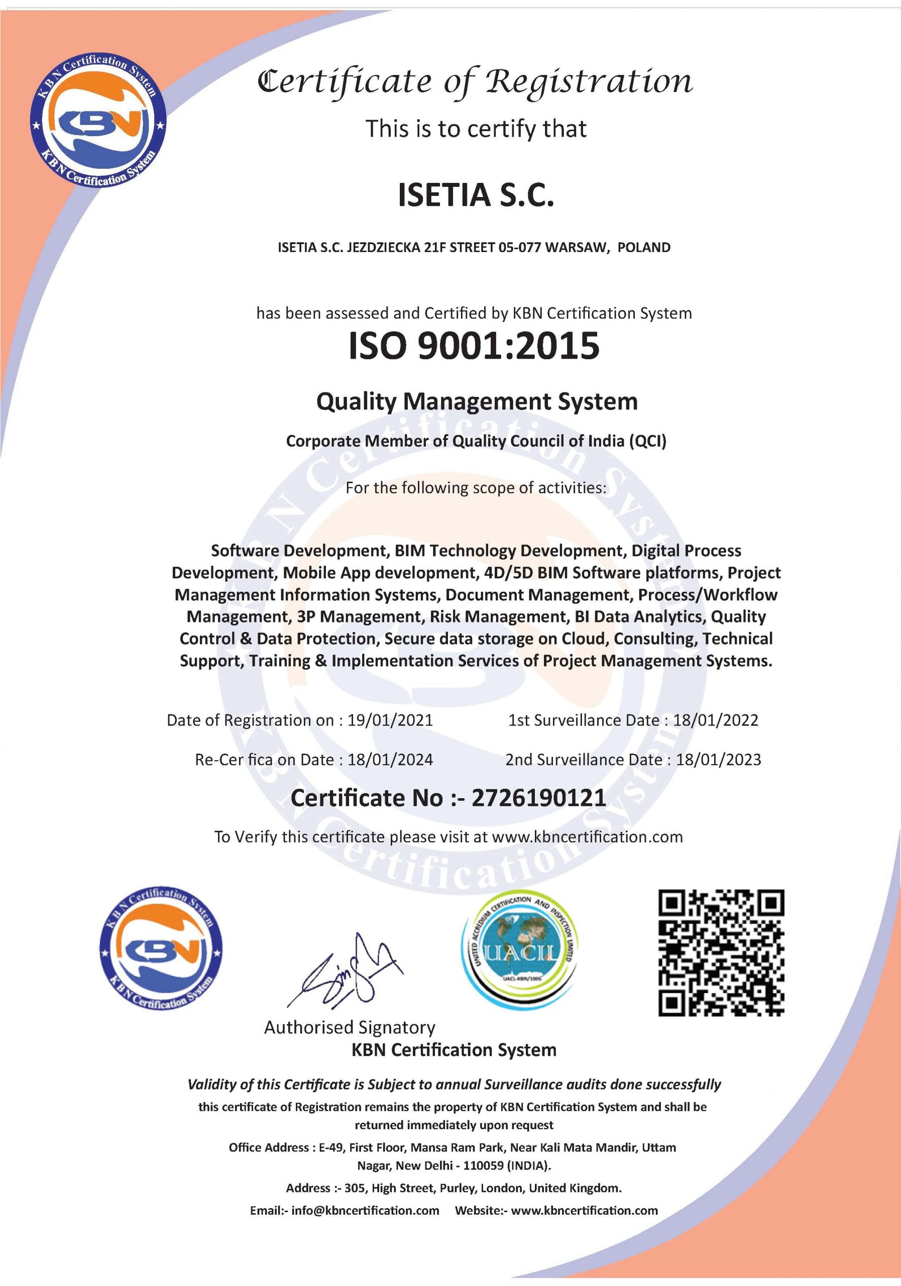 ISO 9001:2015 CERTIFICATE - ISETIA